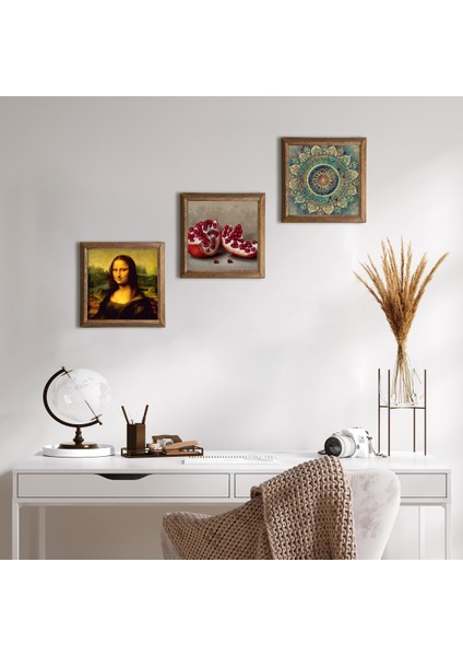 Mandala, Leonardo da Vinci Mona Lisa, Nar Taş Duvar Tablosu Ahşap Çerçeveli Duvar Dekoru 3 Parça Tablo Seti Wall Art W3-1437
