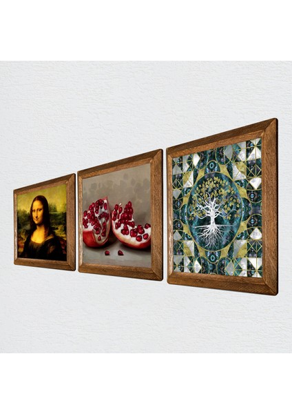 Hayat Ağacı, Leonardo da Vinci Mona Lisa, Nar Ahşap Çerçeveli Taş Duvar Tablosu 3’lü Set – 25x25 cm Dekoratif Modern Sanat – Ev ve Ofis Dekoru |W3-1438| fiyatları