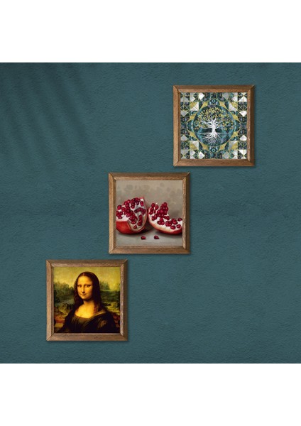 Hayat Ağacı, Leonardo da Vinci Mona Lisa, Nar Ahşap Çerçeveli Taş Duvar Tablosu 3’lü Set – 25x25 cm Dekoratif Modern Sanat – Ev ve Ofis Dekoru |W3-1438| modelleri