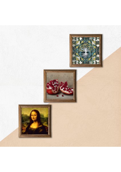 Hayat Ağacı, Leonardo da Vinci Mona Lisa, Nar Ahşap Çerçeveli Taş Duvar Tablosu 3’lü Set – 25x25 cm Dekoratif Modern Sanat – Ev ve Ofis Dekoru |W3-1438| indirimleri
