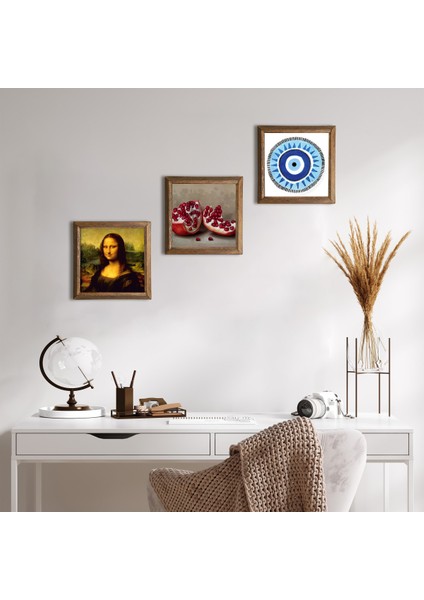 Nazar, Leonardo da Vinci Mona Lisa, Nar Taş Duvar Tablosu Ahşap Çerçeveli Duvar Dekoru 3 Parça Tablo Seti Wall Art W3-1442