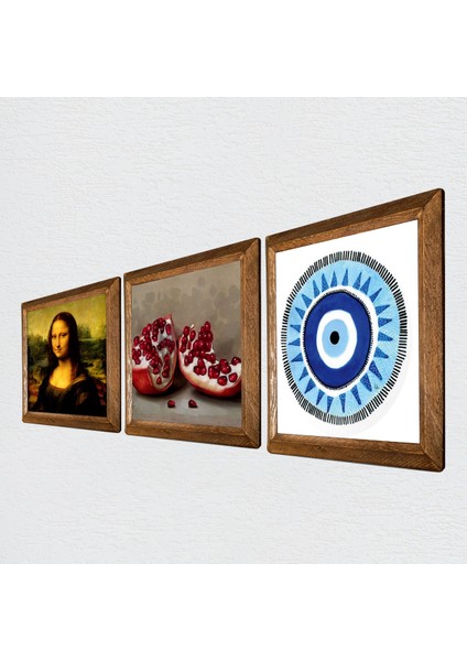 Nazar, Leonardo da Vinci Mona Lisa, Nar Taş Duvar Tablosu Ahşap Çerçeveli Duvar Dekoru 3 Parça Tablo Seti Wall Art W3-1442