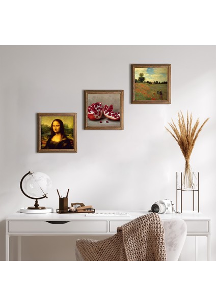 Claude Monet Gelincikler, Leonardo da Vinci Mona Lisa, Nar Ahşap Çerçeveli Taş Duvar Tablosu 3’lü Set – 25x25 cm Dekoratif Modern Sanat – Ev ve Ofis Dekoru |W3-1443|