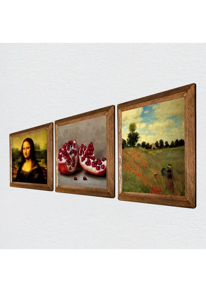 Claude Monet Gelincikler, Leonardo da Vinci Mona Lisa, Nar Ahşap Çerçeveli Taş Duvar Tablosu 3’lü Set – 25x25 cm Dekoratif Modern Sanat – Ev ve Ofis Dekoru |W3-1443| fiyatları