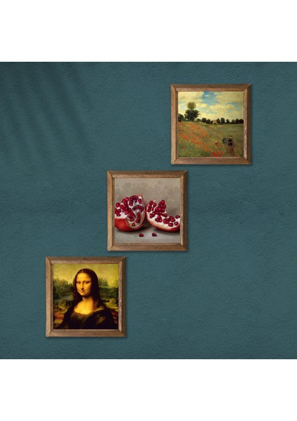Claude Monet Gelincikler, Leonardo da Vinci Mona Lisa, Nar Ahşap Çerçeveli Taş Duvar Tablosu 3’lü Set – 25x25 cm Dekoratif Modern Sanat – Ev ve Ofis Dekoru |W3-1443| modelleri