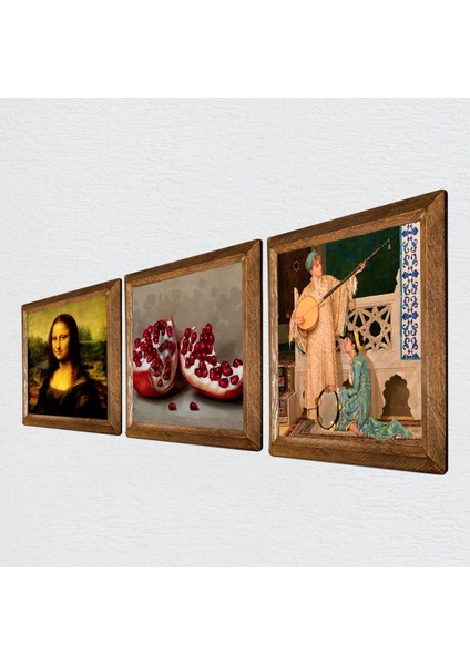 İki Müzisyen Kız Tablosu, Leonardo da Vinci Mona Lisa, Nar Taş Duvar Tablosu Ahşap Çerçeveli Duvar Dekoru 3 Parça Tablo Seti Wall Art W3-1402