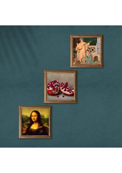 İki Müzisyen Kız Tablosu, Leonardo da Vinci Mona Lisa, Nar Taş Duvar Tablosu Ahşap Çerçeveli Duvar Dekoru 3 Parça Tablo Seti Wall Art W3-1402