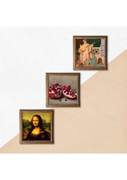 İki Müzisyen Kız Tablosu, Leonardo da Vinci Mona Lisa, Nar Taş Duvar Tablosu Ahşap Çerçeveli Duvar Dekoru 3 Parça Tablo Seti Wall Art W3-1402