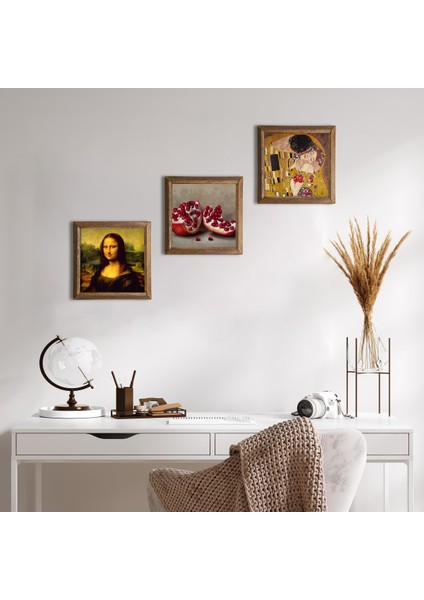Gustav Klimt Öpücük, Leonardo da Vinci Mona Lisa, Nar Taş Duvar Tablosu Ahşap Çerçeveli Duvar Dekoru 3 Parça Tablo Seti Wall Art W3-1406