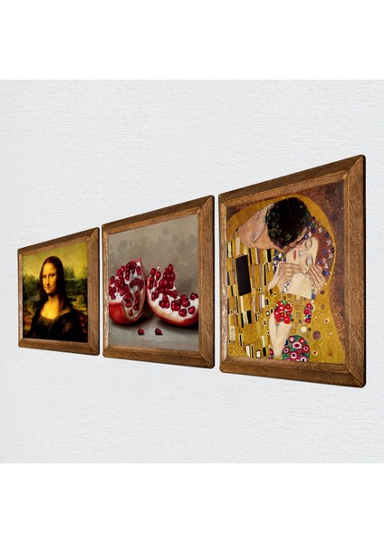 Gustav Klimt Öpücük, Leonardo da Vinci Mona Lisa, Nar Taş Duvar Tablosu Ahşap Çerçeveli Duvar Dekoru 3 Parça Tablo Seti Wall Art W3-1406