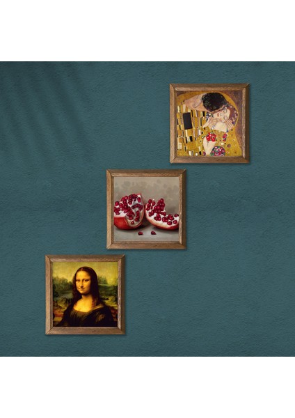 Gustav Klimt Öpücük, Leonardo da Vinci Mona Lisa, Nar Taş Duvar Tablosu Ahşap Çerçeveli Duvar Dekoru 3 Parça Tablo Seti Wall Art W3-1406