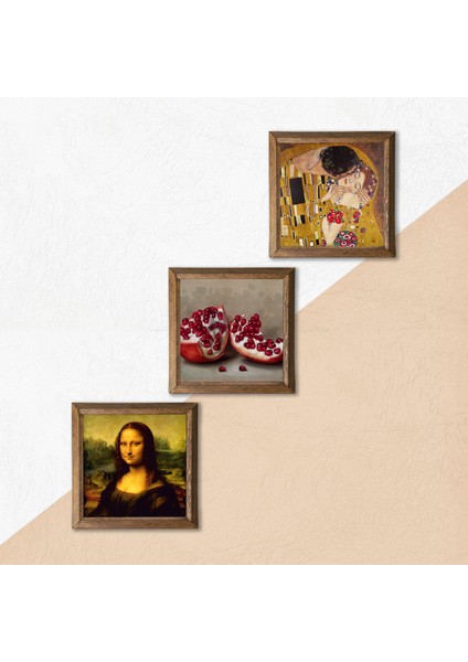 Gustav Klimt Öpücük, Leonardo da Vinci Mona Lisa, Nar Taş Duvar Tablosu Ahşap Çerçeveli Duvar Dekoru 3 Parça Tablo Seti Wall Art W3-1406
