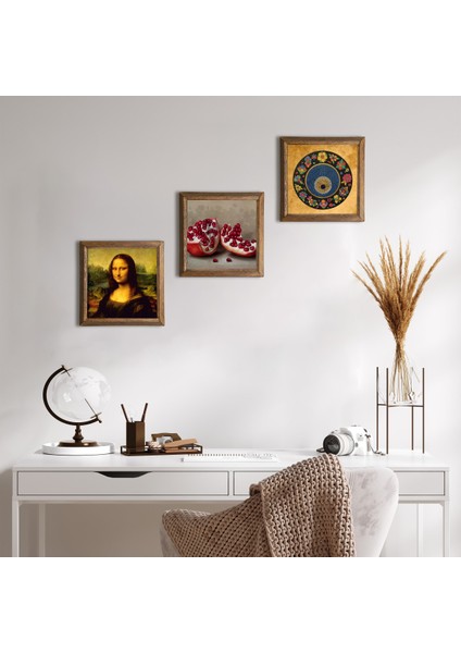 Nazar Boncuğu, Leonardo da Vinci Mona Lisa, Nar Ahşap Çerçeveli Taş Duvar Tablosu 3’lü Set – 25x25 cm Dekoratif Modern Sanat – Ev ve Ofis Dekoru |W3-1419|