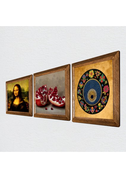 Nazar Boncuğu, Leonardo da Vinci Mona Lisa, Nar Ahşap Çerçeveli Taş Duvar Tablosu 3’lü Set – 25x25 cm Dekoratif Modern Sanat – Ev ve Ofis Dekoru |W3-1419| fiyatları