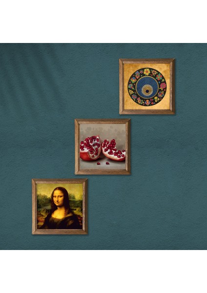 Nazar Boncuğu, Leonardo da Vinci Mona Lisa, Nar Ahşap Çerçeveli Taş Duvar Tablosu 3’lü Set – 25x25 cm Dekoratif Modern Sanat – Ev ve Ofis Dekoru |W3-1419| modelleri