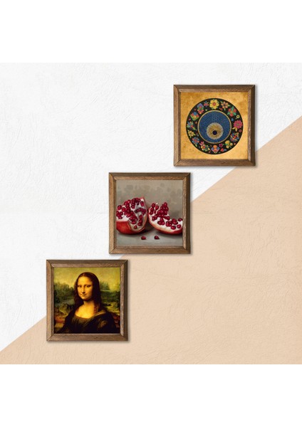 Nazar Boncuğu, Leonardo da Vinci Mona Lisa, Nar Ahşap Çerçeveli Taş Duvar Tablosu 3’lü Set – 25x25 cm Dekoratif Modern Sanat – Ev ve Ofis Dekoru |W3-1419| indirimleri