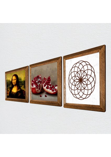 Yaşam Çiçeği, Leonardo da Vinci Mona Lisa, Nar Ahşap Çerçeveli Taş Duvar Tablosu 3’lü Set – 25x25 cm Dekoratif Modern Sanat – Ev ve Ofis Dekoru |W3-1425| fiyatları