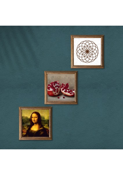 Yaşam Çiçeği, Leonardo da Vinci Mona Lisa, Nar Ahşap Çerçeveli Taş Duvar Tablosu 3’lü Set – 25x25 cm Dekoratif Modern Sanat – Ev ve Ofis Dekoru |W3-1425| modelleri