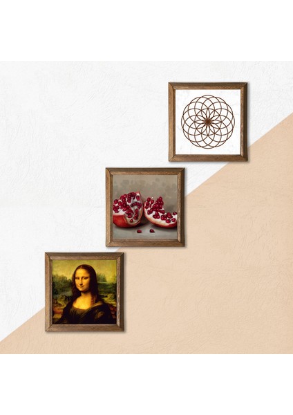 Yaşam Çiçeği, Leonardo da Vinci Mona Lisa, Nar Ahşap Çerçeveli Taş Duvar Tablosu 3’lü Set – 25x25 cm Dekoratif Modern Sanat – Ev ve Ofis Dekoru |W3-1425| indirimleri