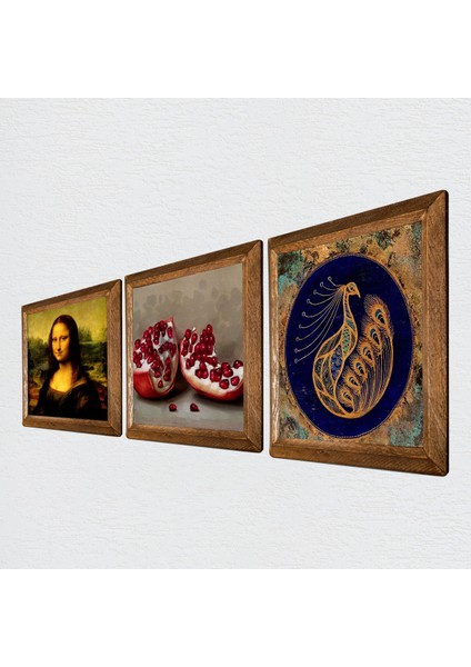 Tavus Kuşu, Leonardo da Vinci Mona Lisa, Nar Taş Duvar Tablosu Ahşap Çerçeveli Duvar Dekoru 3 Parça Tablo Seti Wall Art W3-1428