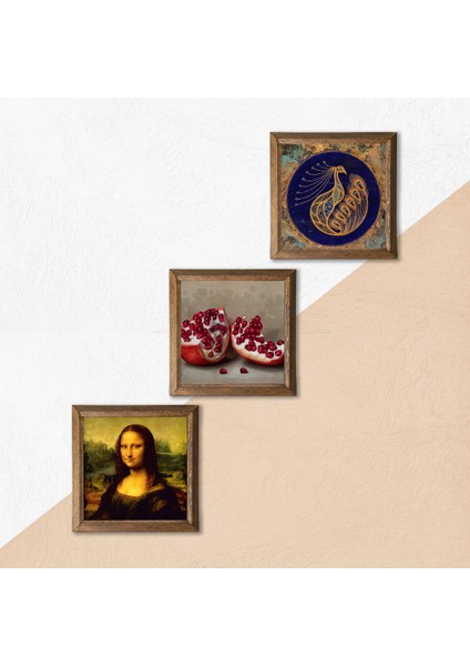 Tavus Kuşu, Leonardo da Vinci Mona Lisa, Nar Taş Duvar Tablosu Ahşap Çerçeveli Duvar Dekoru 3 Parça Tablo Seti Wall Art W3-1428