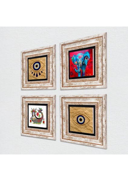 Nazar, Fil, Şahmeran Taş Duvar Tablosu Çerçeveli Duvar Dekoru 4 Parça Tablo Seti Wall Art T4-1492