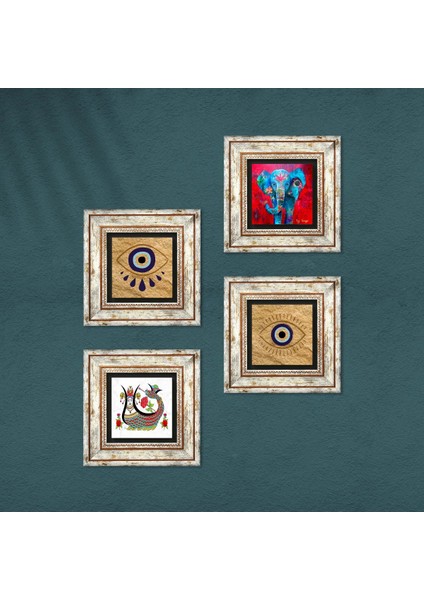Nazar, Fil, Şahmeran Taş Duvar Tablosu Çerçeveli Duvar Dekoru 4 Parça Tablo Seti Wall Art T4-1492