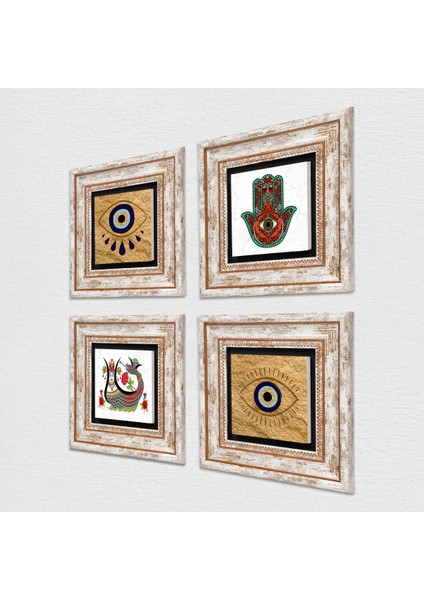 Nazar, Fatma Ana Eli (Hamsa), Şahmeran Taş Duvar Tablosu Çerçeveli Duvar Dekoru 4 Parça Tablo Seti Wall Art T4-1493