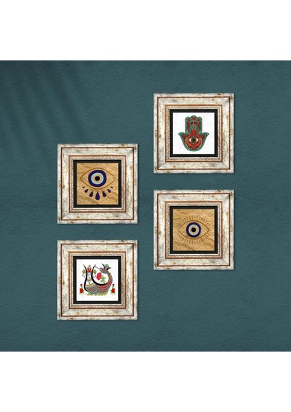 Nazar, Fatma Ana Eli (Hamsa), Şahmeran Taş Duvar Tablosu Çerçeveli Duvar Dekoru 4 Parça Tablo Seti Wall Art T4-1493