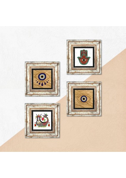 Nazar, Fatma Ana Eli (Hamsa), Şahmeran Taş Duvar Tablosu Çerçeveli Duvar Dekoru 4 Parça Tablo Seti Wall Art T4-1493