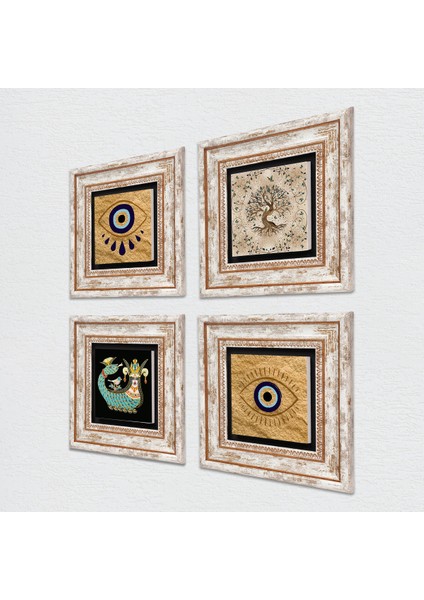 Nazar, Şahmeran, Hayat Ağacı Çerçeveli Taş Duvar Tablosu 4’lü Set - Dekoratif Modern Sanat, Ev ve Ofis Dekoru |TK4-1499| fiyatları