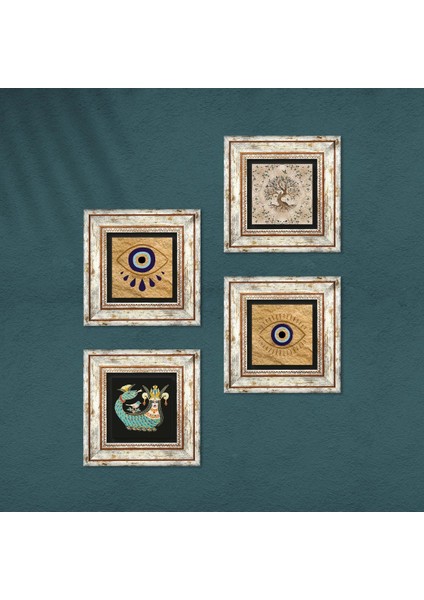 Nazar, Şahmeran, Hayat Ağacı Çerçeveli Taş Duvar Tablosu 4’lü Set - Dekoratif Modern Sanat, Ev ve Ofis Dekoru |TK4-1499| fırsatları