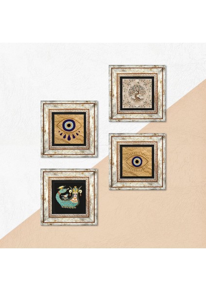 Nazar, Şahmeran, Hayat Ağacı Çerçeveli Taş Duvar Tablosu 4’lü Set - Dekoratif Modern Sanat, Ev ve Ofis Dekoru |TK4-1499| indirimleri