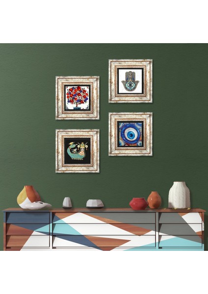 Nazar, Şahmeran, Nar Ağacı, Fatma Ana Eli (Hamsa) Taş Duvar Tablosu Çerçeveli Duvar Dekoru 4 Parça Tablo Seti Wall Art T4-1502