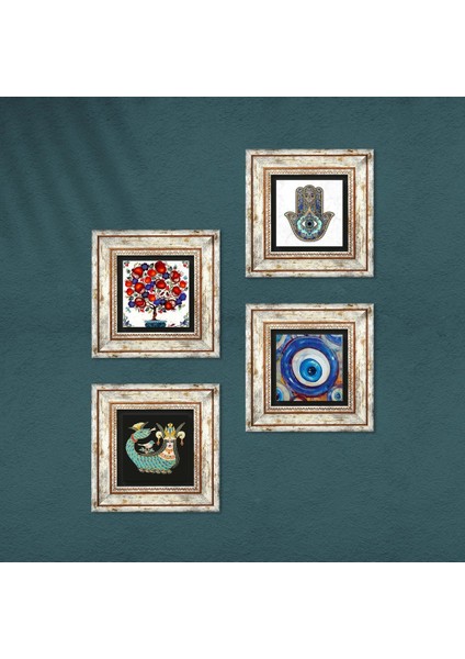 Nazar, Şahmeran, Nar Ağacı, Fatma Ana Eli (Hamsa) Taş Duvar Tablosu Çerçeveli Duvar Dekoru 4 Parça Tablo Seti Wall Art T4-1502 fırsatları