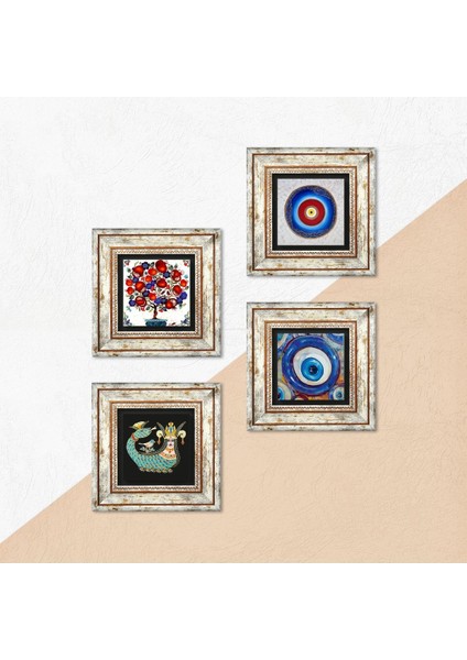Nazar, Şahmeran, Nar Ağacı, Fatma Ana Eli (Hamsa) Taş Duvar Tablosu Çerçeveli Duvar Dekoru 4 Parça Tablo Seti Wall Art T4-1502 indirimleri