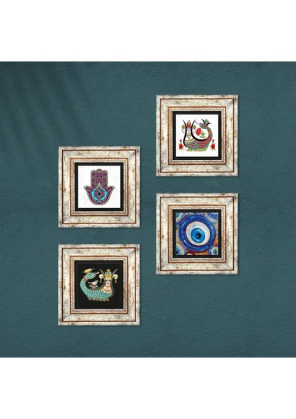 Stone Nazar, Fatma Ana Eli (Hamsa), Şahmeran Çerçeveli Taş Duvar Tablosu 4’lü Set - Dekoratif Modern Sanat, Ev ve Ofis Dekoru |TK4-1505| fırsatları