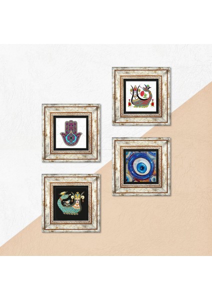 Stone Nazar, Fatma Ana Eli (Hamsa), Şahmeran Çerçeveli Taş Duvar Tablosu 4’lü Set - Dekoratif Modern Sanat, Ev ve Ofis Dekoru |TK4-1505| indirimleri