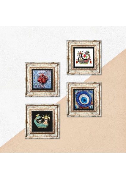 Nazar, Şahmeran, Nar Çerçeveli Taş Duvar Tablosu 4’lü Set - Dekoratif Modern Sanat, Ev ve Ofis Dekoru |TK4-1509| indirimleri