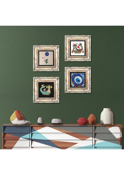 Nazar, Ebru Sanatı, Şahmeran Taş Duvar Tablosu Çerçeveli Duvar Dekoru 4 Parça Tablo Seti Wall Art T4-1516
