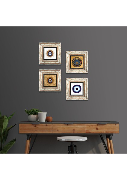 Nazar Taş Duvar Tablosu Çerçeveli Duvar Dekoru 4 Parça Tablo Seti Wall Art T4-1859
