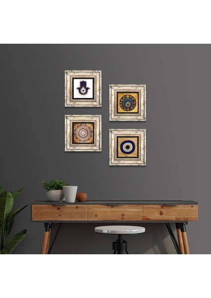 Fatma Ana Eli (Hamsa), Mandala, Nazar Taş Duvar Tablosu Çerçeveli Duvar Dekoru 4 Parça Tablo Seti Wall Art T4-1843