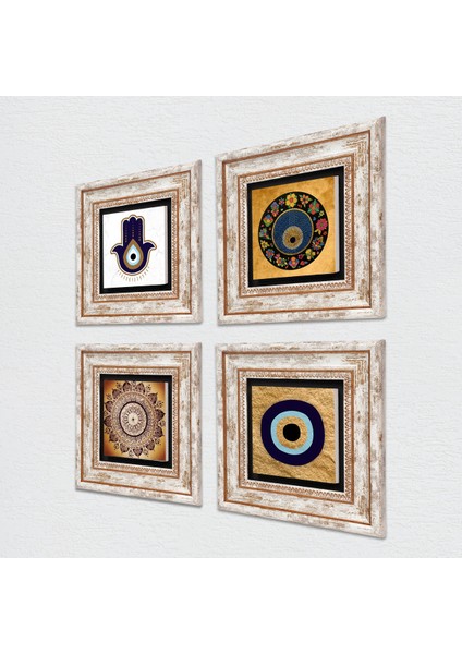 Fatma Ana Eli (Hamsa), Mandala, Nazar Taş Duvar Tablosu Çerçeveli Duvar Dekoru 4 Parça Tablo Seti Wall Art T4-1843 fiyatları