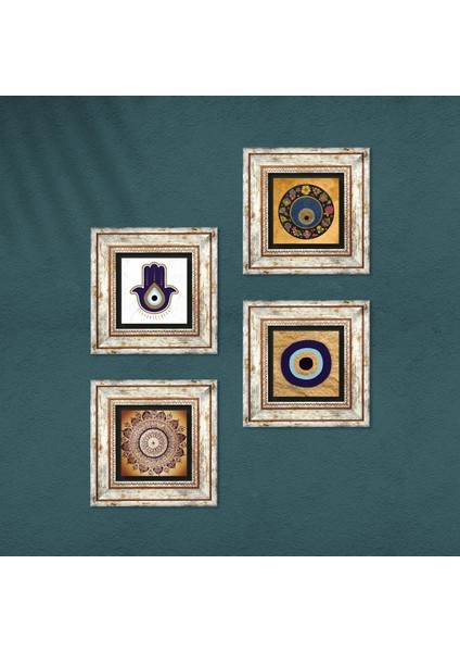 Fatma Ana Eli (Hamsa), Mandala, Nazar Taş Duvar Tablosu Çerçeveli Duvar Dekoru 4 Parça Tablo Seti Wall Art T4-1843 fırsatları
