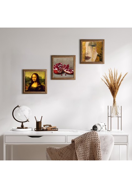 Gustav Klimt Altın Gözyaşları, Da Vinci Mona Lisa, Nar Ahşap Çerçeveli Taş Duvar Tablosu 3’lü Set – 25x25 cm Dekoratif Modern Sanat – Ev ve Ofis Dekoru |W3-1408|