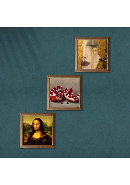 Gustav Klimt Altın Gözyaşları, Da Vinci Mona Lisa, Nar Ahşap Çerçeveli Taş Duvar Tablosu 3’lü Set – 25x25 cm Dekoratif Modern Sanat – Ev ve Ofis Dekoru |W3-1408| modelleri