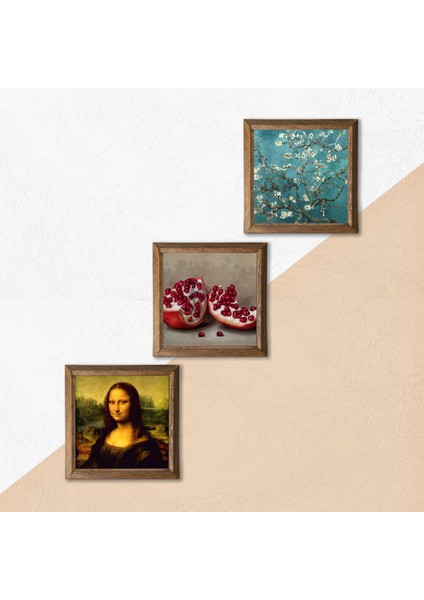 Van Gogh Badem Ağacı, Leonardo da Vinci Mona Lisa, Nar Taş Duvar Tablosu Ahşap Çerçeveli Duvar Dekoru 3 Parça Tablo Seti Wall Art W3-1409