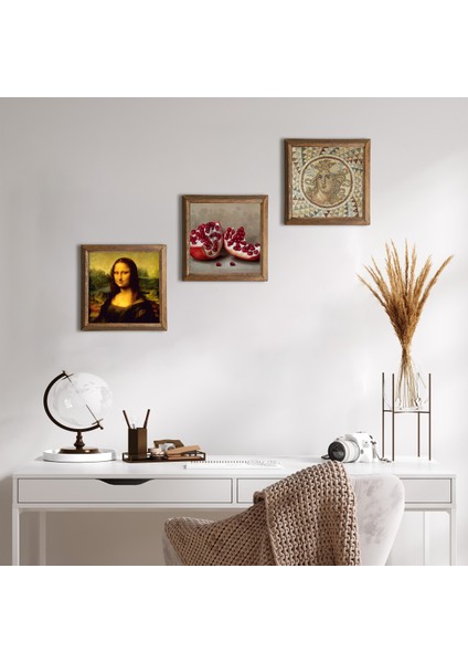 Mozaik Serisi, Leonardo da Vinci Mona Lisa, Nar Taş Duvar Tablosu Ahşap Çerçeveli Duvar Dekoru 3 Parça Tablo Seti Wall Art W3-1413