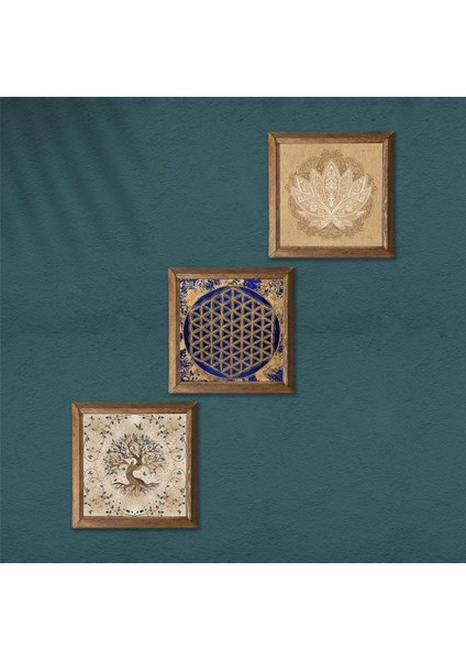 Lotus Çiçeği, Yaşam Çiçeği, Hayat Ağacı Taş Duvar Tablosu Ahşap Çerçeveli Duvar Dekoru 3 Parça Tablo Seti Wall Art W3-142