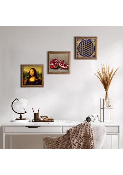 Yaşam Çiçeği, Leonardo da Vinci Mona Lisa, Nar Ahşap Çerçeveli Taş Duvar Tablosu 3’lü Set – 25x25 cm Dekoratif Modern Sanat – Ev ve Ofis Dekoru |W3-1421|